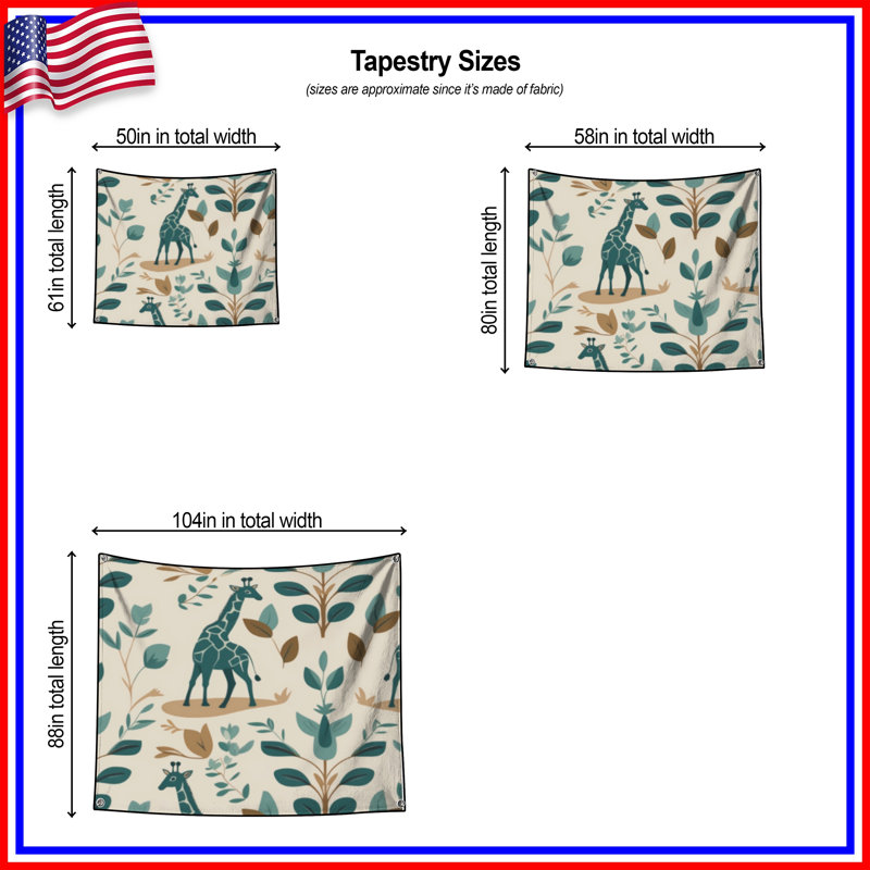 Giraffe Leaf Pattern Wall Tapestry - Giraffe Wall Decor, 104in H x88 with 4 Grommets