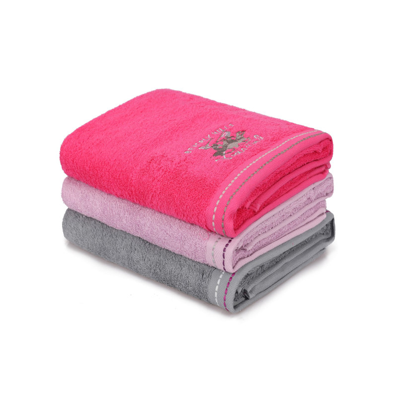 Ensemble de 3 serviettes de bain 100% coton, Fuchsia / lilas / gris