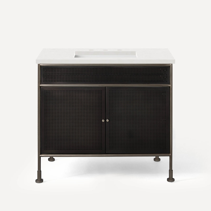 Meuble-lavabo sur pied simple 36 po Mackey, Blanc, Étain brossé / noir fer, Étain brossé