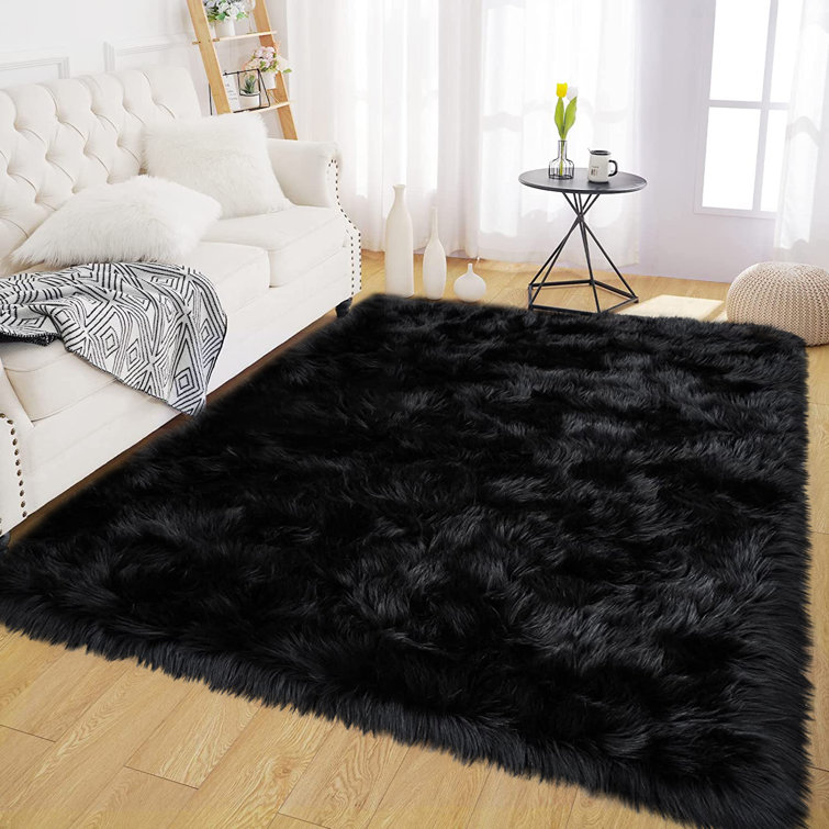 Leski Handmade Shag Faux Sheepskin Black Area Rug