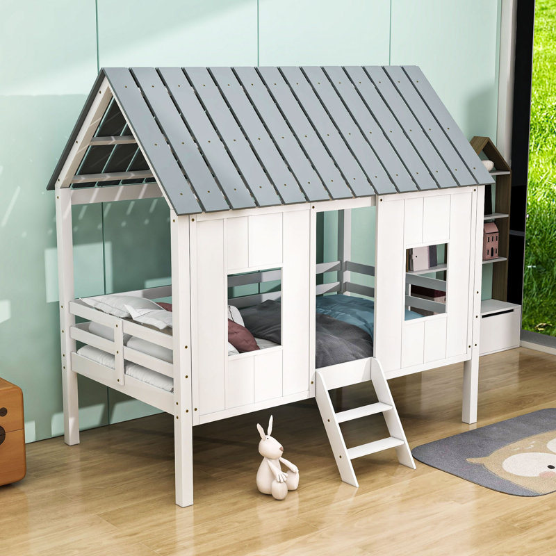 Couto Twin Size Low Loft House Bed with Roof and Two Front Windows , White