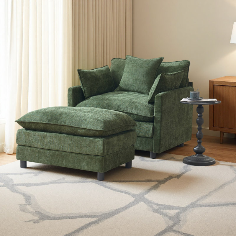 Fauteuil d'appoint rembourré en chenille de 39,4 po avec repose-pieds et fauteuil club moderne, Vert