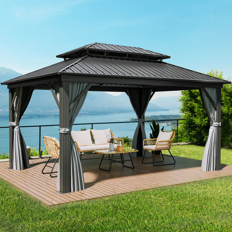 Pavillon de jardin en aluminium avec rideau et filet, 16 pi x 12 pi
