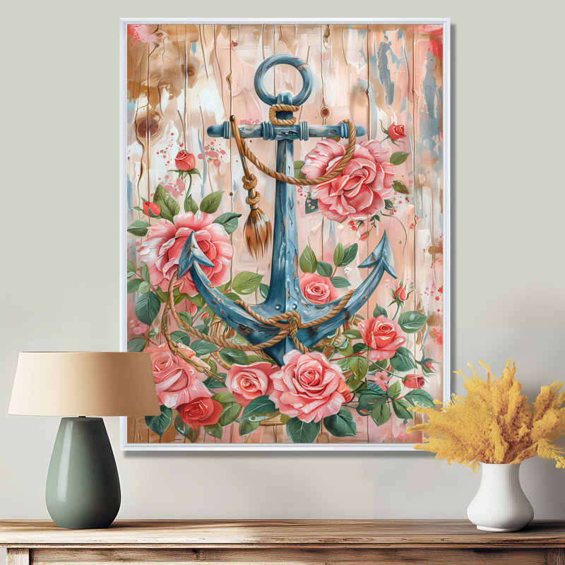 Rose, rose, vert, ancre rétro, roses, art mural côtier, salon, Toile encadrée flottée blanche, H 40 po x l 30 po x P 1,5 po