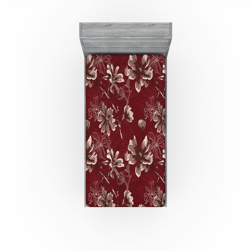 Ambesonne Nature Fitted Sheet Leaves Botanical Style Art, Twin Fitted Sheet, Dimgray Burgundy Floral