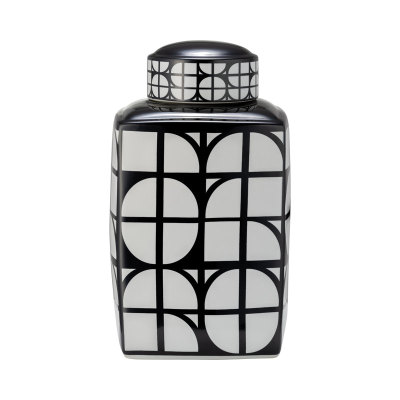 Geometric Ceramic Table Jar with Lid for Home Decor - Decorative Patterned Tall Jar for Shelf Styling, Console Display, and Tabletop Accent