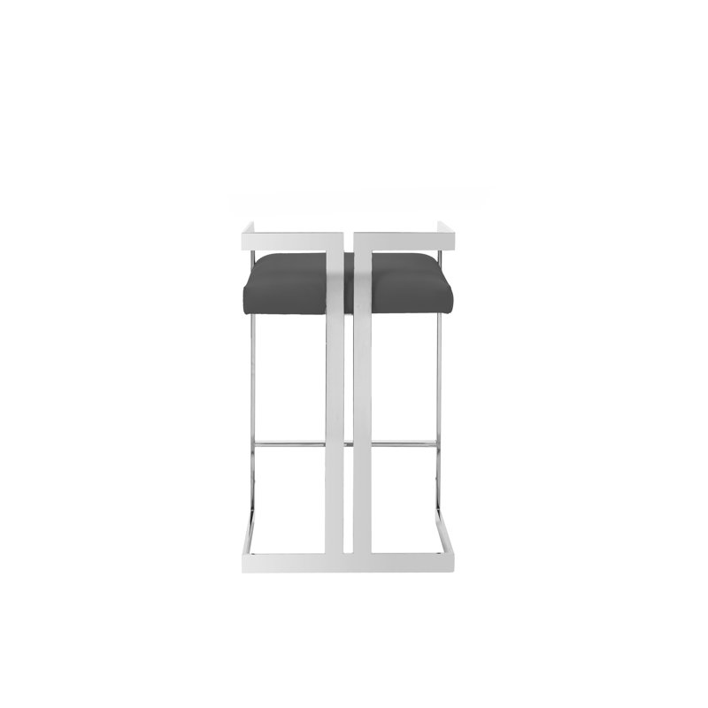 Upholstered Counter Stool, Black Genuine Leather, Silver