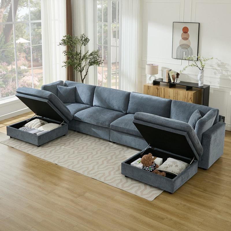 Canapé modulaire surdimensionné rembourré de duvet avec repose-pieds, Gris, H 34,6 po x l 154,3 po x P 66,9 po
