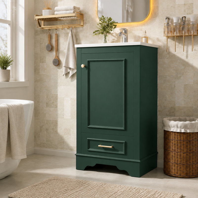 Meuble-lavabo de 51 cm (20,1 pouces) avec lavabo en céramique, tiroir, meuble-lavabo simple sur pied avec porte à fermeture douce, tablette réglable, style moderne, vert