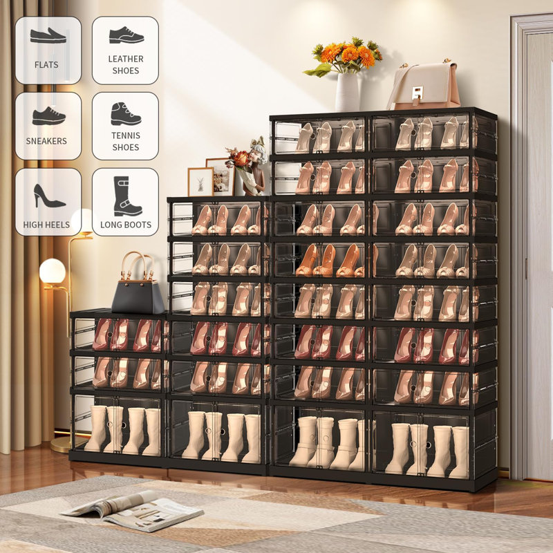 16 Pair Stackable Shoe Storage Cabinet, Black