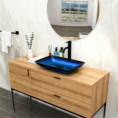Lavabo vasque de salle de bain au-dessus du comptoir Lavabo carré en verre trempé dégradé bleu pour salle de bain, vasque en verre trempé avec bonde escamotable (sans robinet)