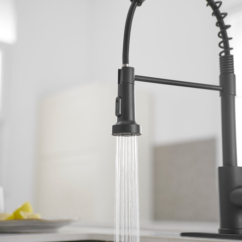 Robinet de cuisine monocommande à grande arche et douchette extractible avec plaque de pont en noir mat, Noir mat