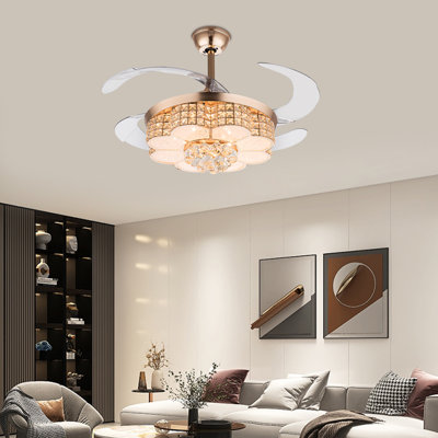 Ventilateur de plafond en cristal moderne rétractable 4 pales de 42 pouces avec lumières DEL et télécommande