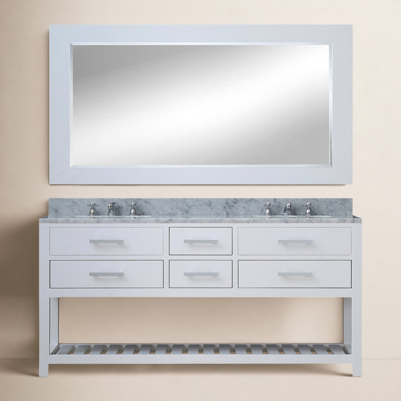 Ensemble de meuble-lavabo de comptoir en marbre blanc Carrara de 60 po avec robinet et miroir Parmer, Blanc uni