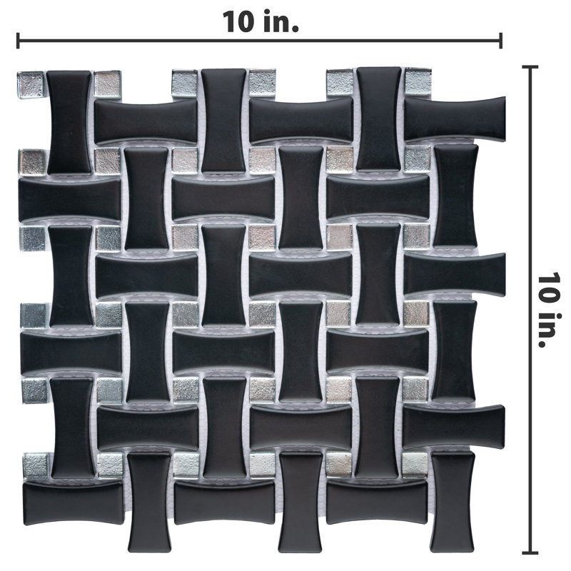 Metro Dog Bone Basketweave 0.92 In. X 2.26 In. Porcelain Basketweave Mosaic Wall Tile, Matte Black w/Glass Silver Dot