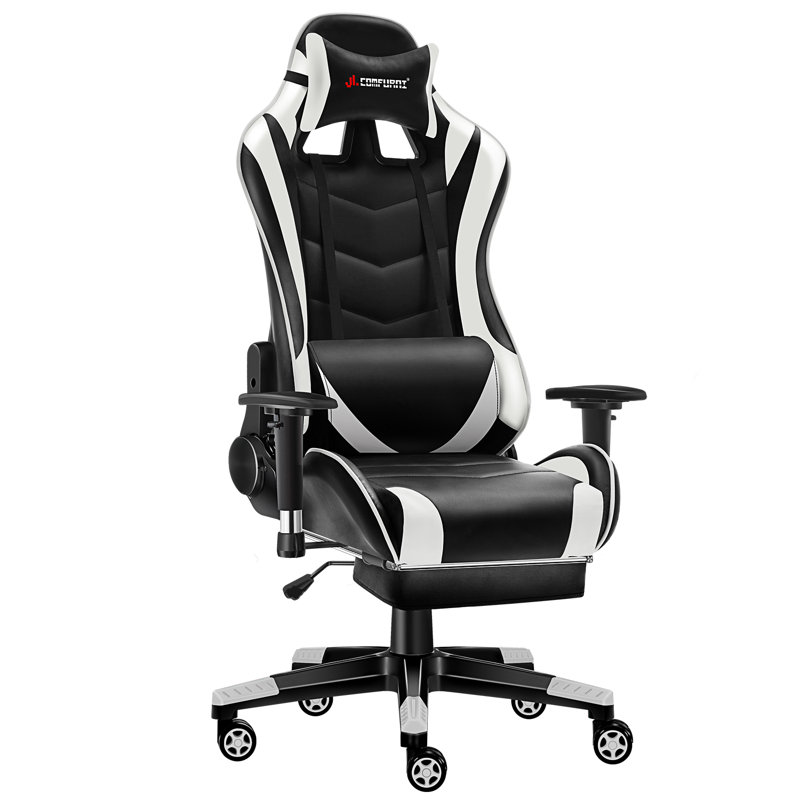 JL Comfurni JD-S0 Adjustable Reclining Ergonomic Faux Leather Swiveling PC & Racing Game Chair with Footrest, Black/White