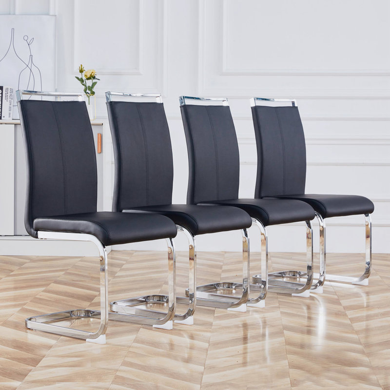 Modern Premium Breathable Top Leather Dining and Conference Chairs with C-shaped Tube Metal Legs, 4, Silver, Black