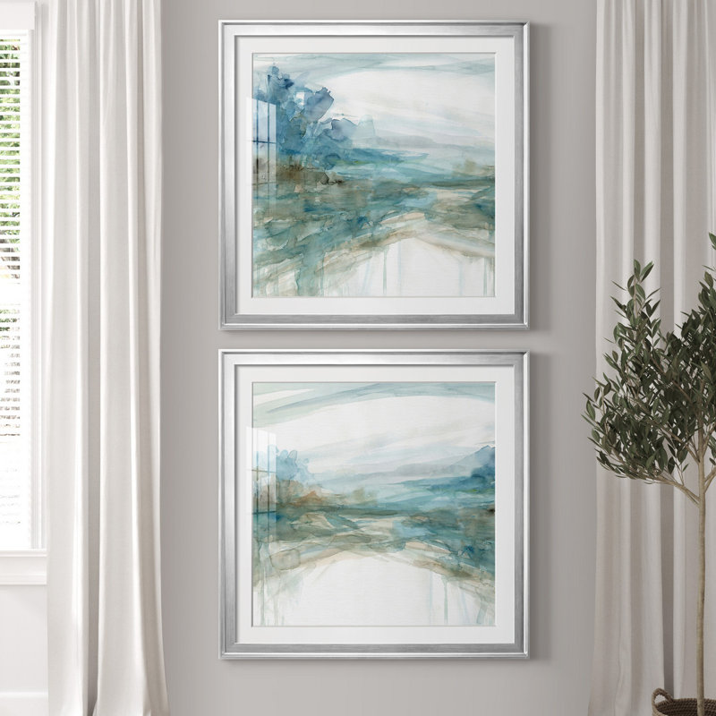 Shimmering Treeline I - ensemble de 2 reproductions d'art, Blanc, Toile encadrée argentée, H 30,5 po x l 61 po x P 1,5 po