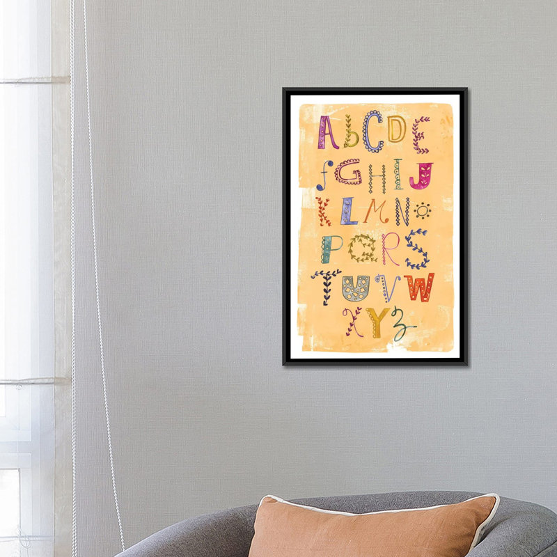 « alphabet », art textuel sur toile tendue, H 26 po x l 18 po x P 1,5 po, Toile avec cadre noir, Pas de tapis