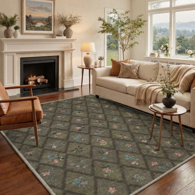 Auraflora Floral Machine Washable Brown Indoor Area Rug with Non-Slip Backing, Rectangle 5' x 7'