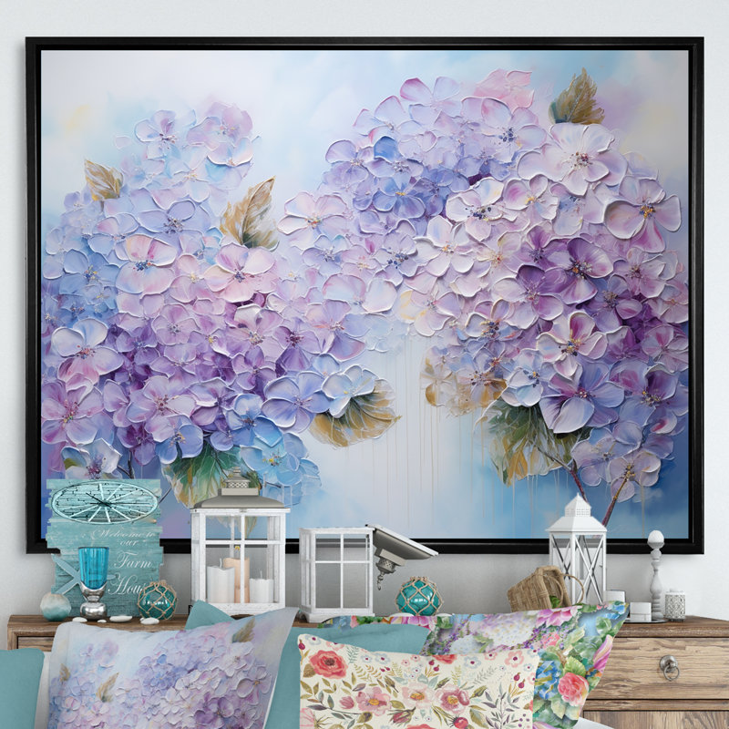 Fleurs d'hirangées mauves paradisiaques I - champ de fleurs, art mural, Cadre flottant noir, H 34 po x l 44 po x P 1,5 po