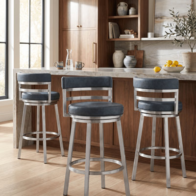 Deherrera Modern Swivel Counter or Bar Stool with Open Low Back and Footrest in Metal and Faux Leather