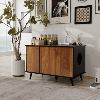 Litter Box Enclosure, Cat Litter Box Furniture With Hidden Plug, 3 Doors,Indoor Cat Washroom Storage Bench Side Table Cat House, Large Wooden Enclused Litter Box House, Black And Walnut
