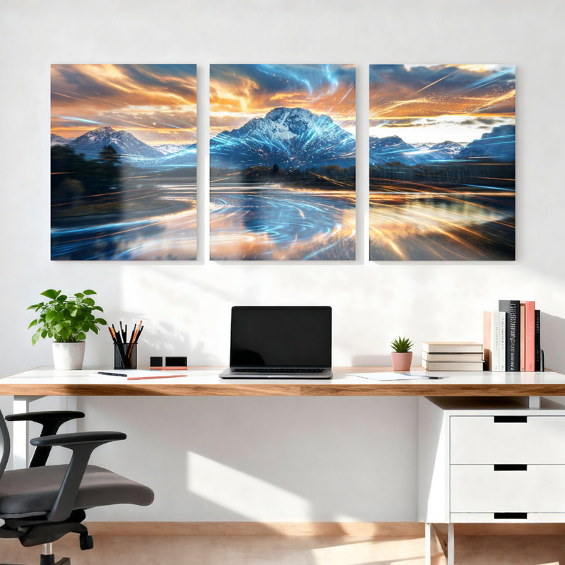 Ensemble de 3 tableaux sur toile représentant un coucher de soleil sur un paysage de montagne, H 30 po x l 60 po