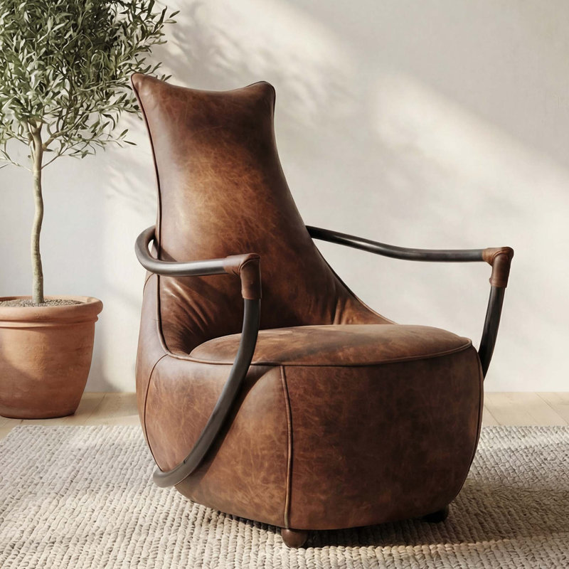 Luxury Club Chair with Top-Grain Leather and Iron Frame