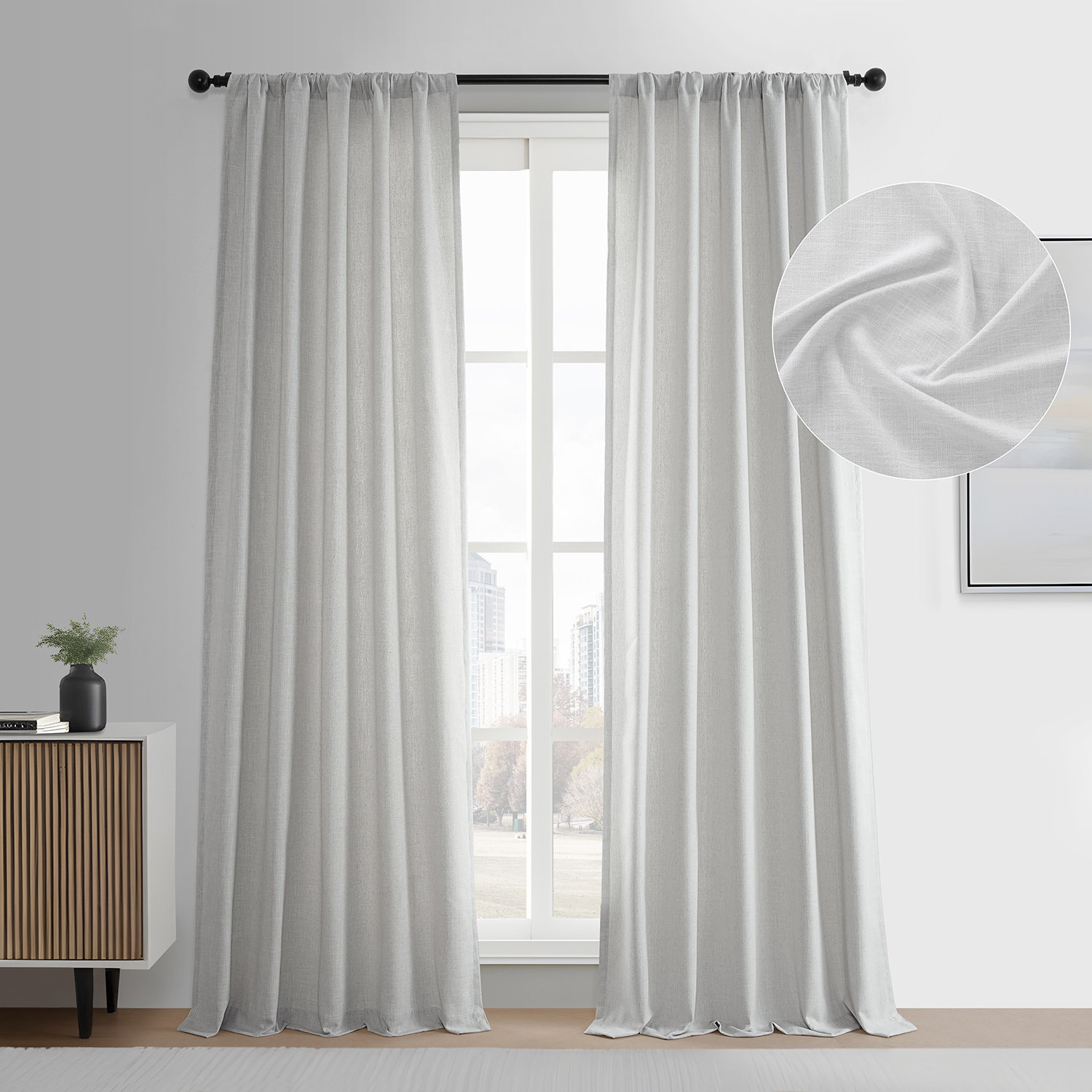 Farmbry Faux Linen Curtain Panel Set, Off White, 50" W x 84" L