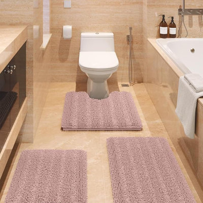 Ensemble de tapis de salle de bain rayé brun ultra doux et antidérapant en chenille pour salle de bain 3 pièces