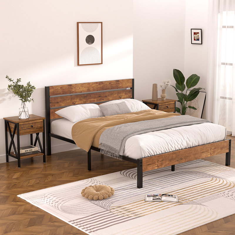 Ensemble de chambre avec lit plateforme 3 pièces Alicia, Marron, Double