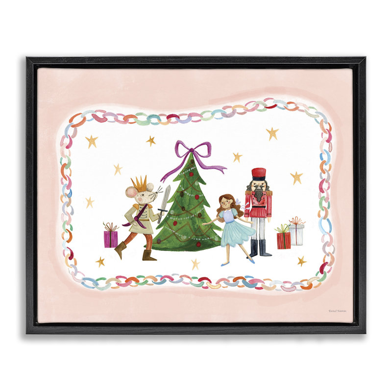 Cadre flottant avec personnages de fêtes et arbre de Noël, design par Rachel Nieman, H 25 po x l 31 po, Noir