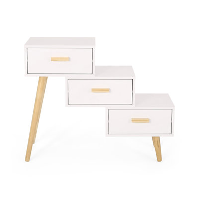  Modern 3 Drawers Stair-Style Side Table with Storage Compartments and Wooden Legs, White