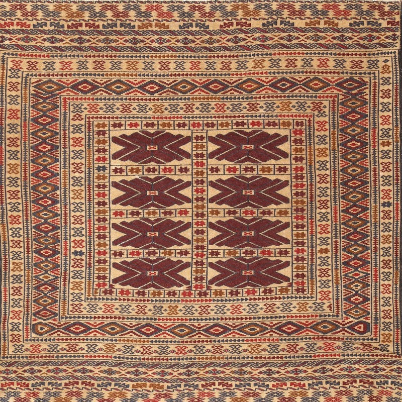 Tapis traditionnel brun / beige / rouge, Carré 5 pi