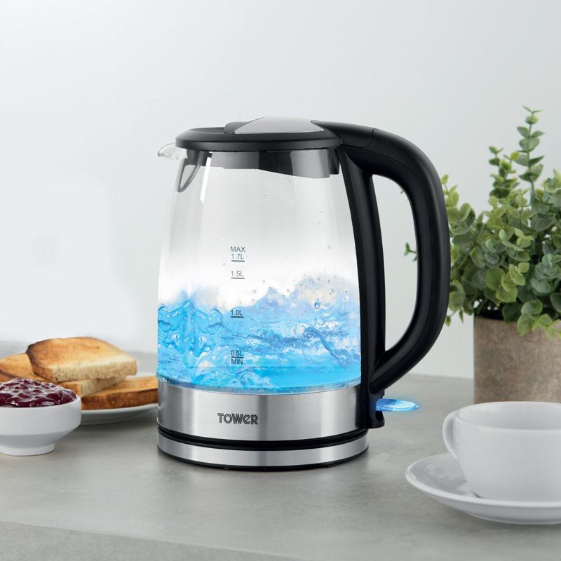 Tower PT10090 Illuminating Glass Kettle with Removable Filter, Boil Dry Protection, 1.7L, 2200W, Black