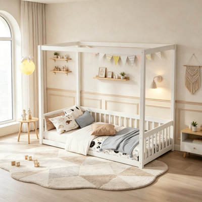 Montessori Floor Bed, Solid Wood Canopy Frame Bed with Safety Guardrails Low Platform Kids Bed for Boys Girls, White, Twin Size