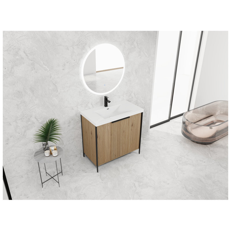 Meuble-lavabo autoportant 36 po avec lavabo en résine et portes à fermeture douce en café clair, 36"
