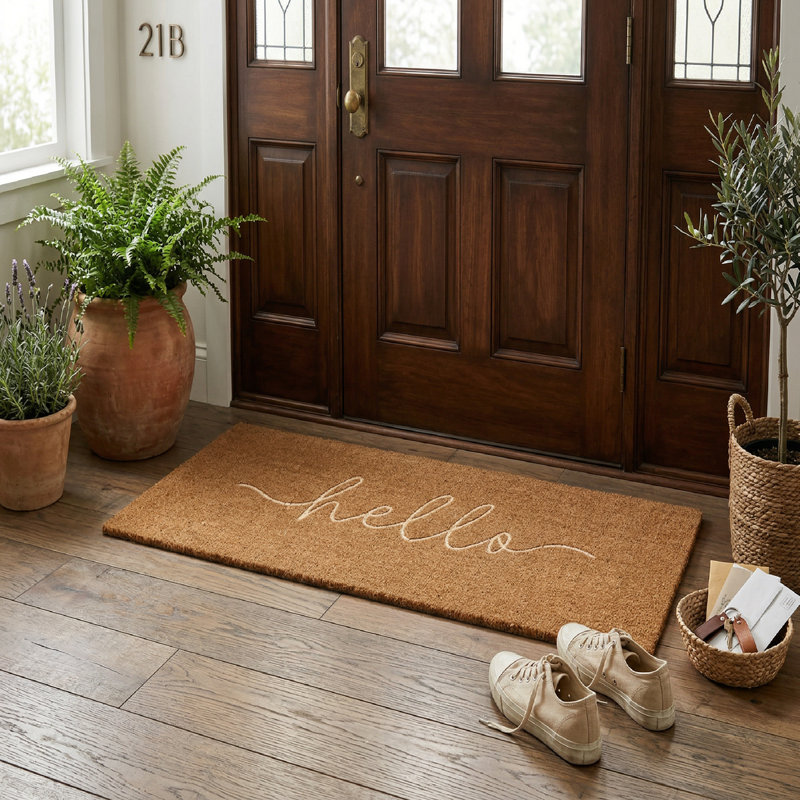 Tapis de porte en fibre de coco embossée Hello 18 po x 46 po