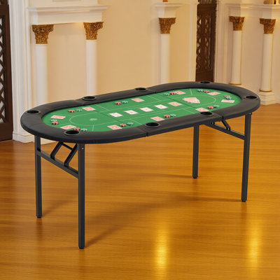 69'' 7 Foldable Poker Table, 8 Player Oval Game Table with Cup Holders & Chip Trays, Portable Casino Table for Texas Holdem, Blackjack, Home Game Nights (Green)