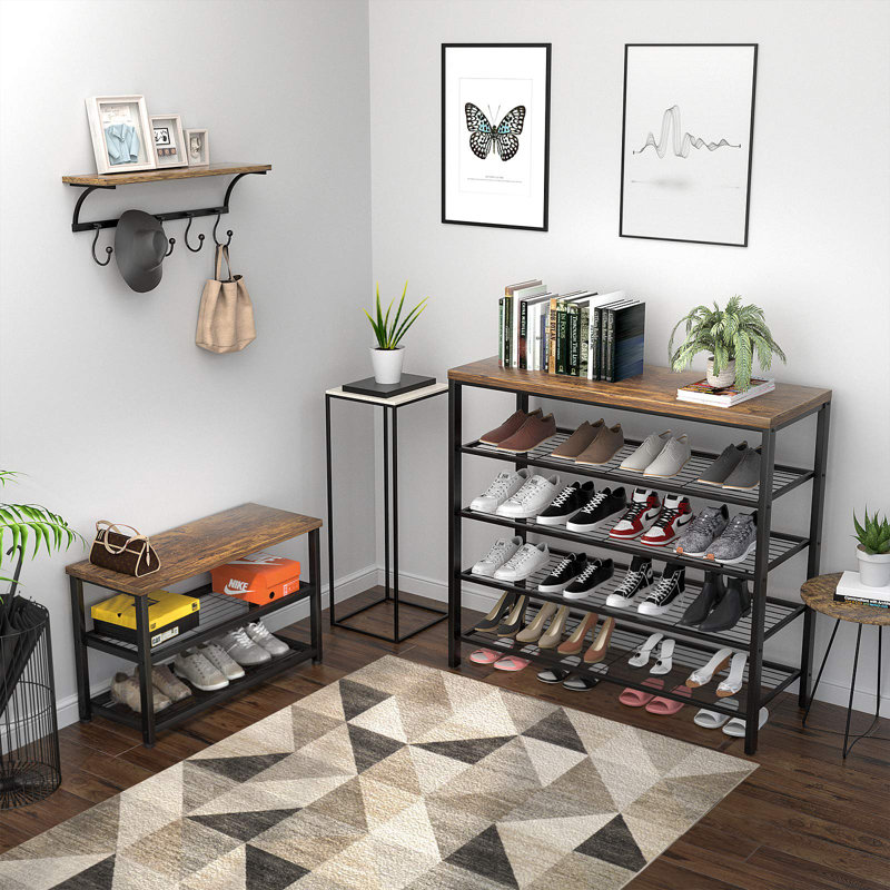 Spacious 5-Tier Industrial Shoe Rack 36.6"X39.4"X11.8" - Adjustable, Sturdy Metal Frame, Wood Top Board, Ideal For Hallway, Large