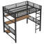 Lit mezzanine double en métal avec lumières DEL et tablette de rangement, bureau intégré