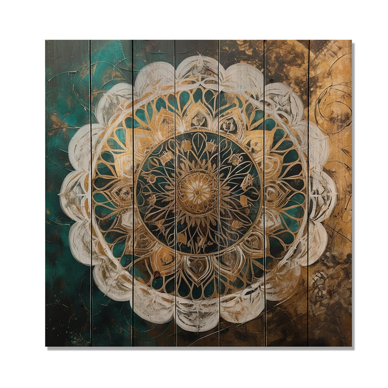 Nandan sarcelle et mandala doré I sur bois, H 15 po x l 15 po x P 0,78 po