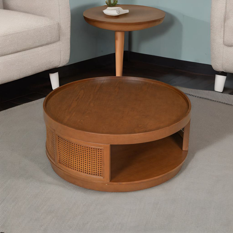 Round Cane Coffee Table, Brown, Brown