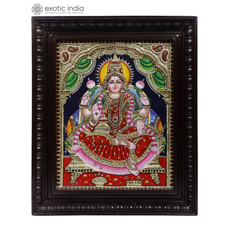 Bénédiction de la déesse Lakshmi | Or 24 carats | Peinture encadrée de Tanjore
