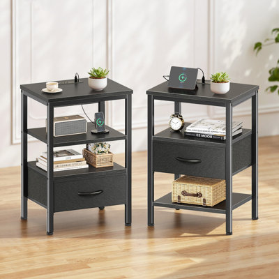 Iysiss Nightstand with Charging Station and USB Ports, End Table with Fabric Drawer, Shelf, Side Table for Living Room, Bedroom