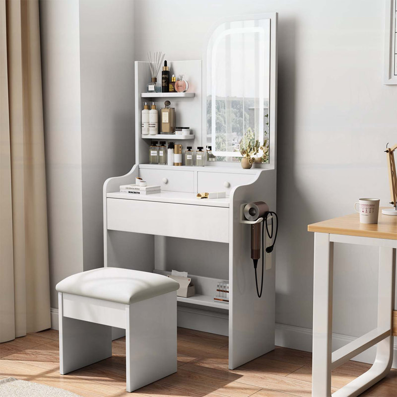 Bureau de coiffeuse avec miroir Fashion, lumières réglables, support pour sèche-cheveux et chaise, rangement à 3 tiroirs, blanc