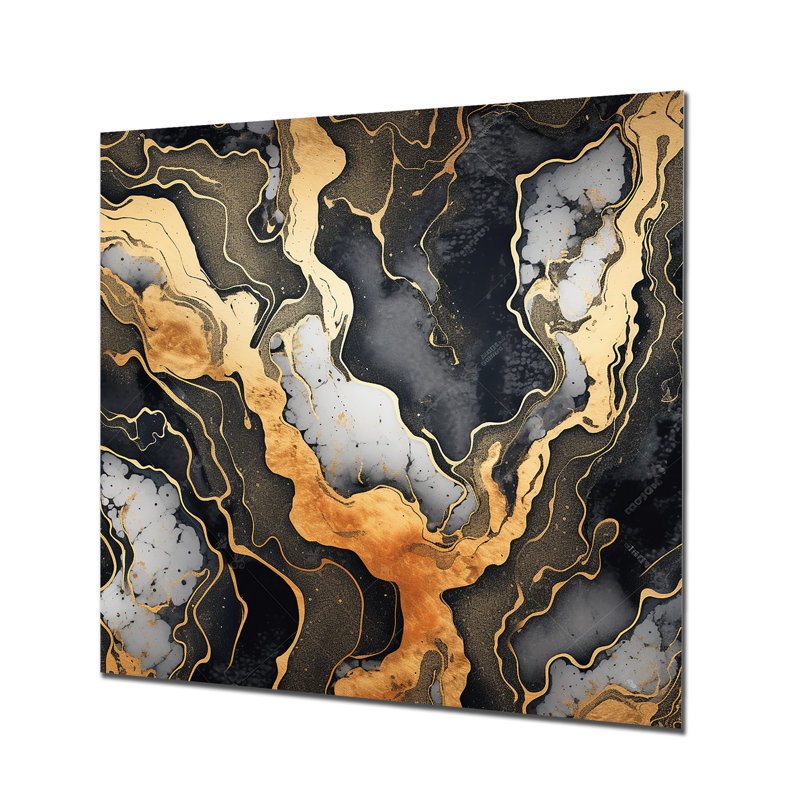 Or et marbre gris scintillant Galaxies II - impression d'art mural fractal en métal, H 29 po x l 29 po