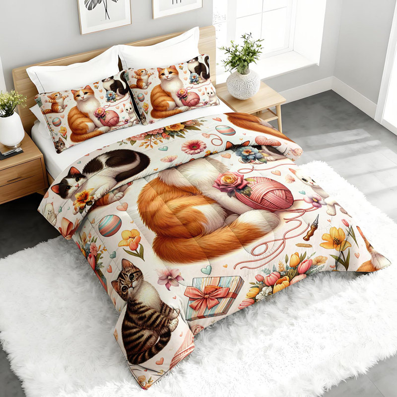 Cute Cat Comforter Set, Whimsical Cat Bedding Set with 2 Pillow Cases, Soft and Machine Washable Bedding, All Seasons Comforter for Room Decor