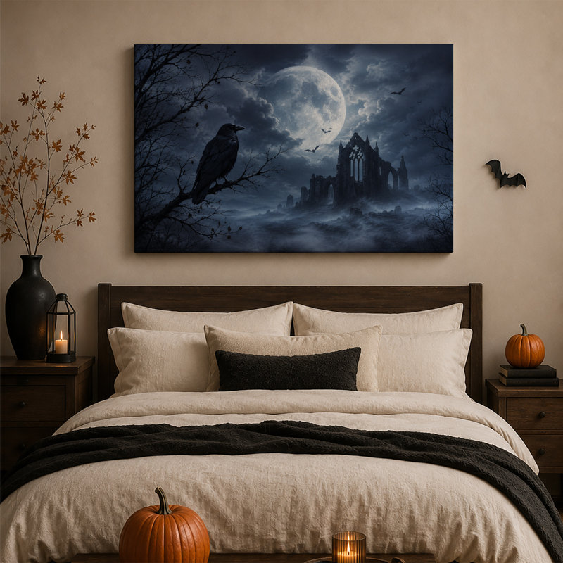 Toile noire, branche noire près de ruines gothiques éclairées par la lune, H 32 po x l 48 po